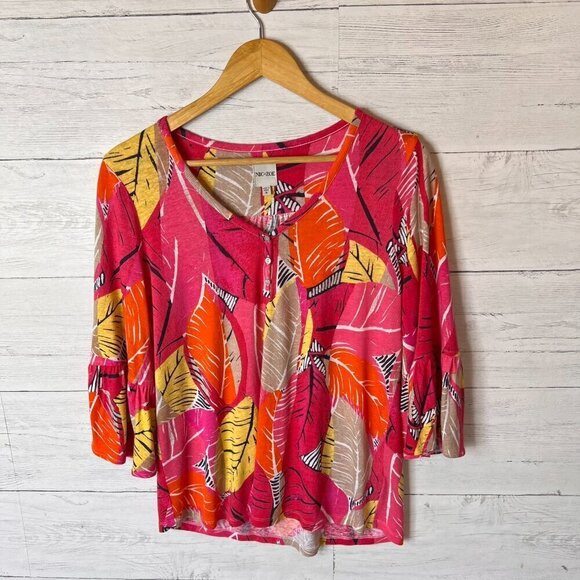 Nic + Zoe Top Womens Size Small Colorful Linen Blend Henley Foliage Bell Sleeve - Picture 3 of 15